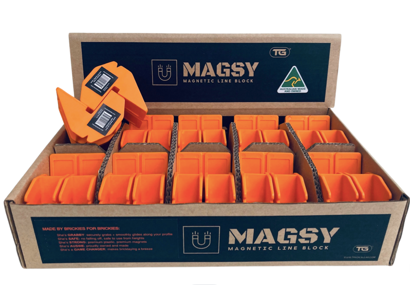 Retail display box of MAGSY magnetic line blocks for bricklayers