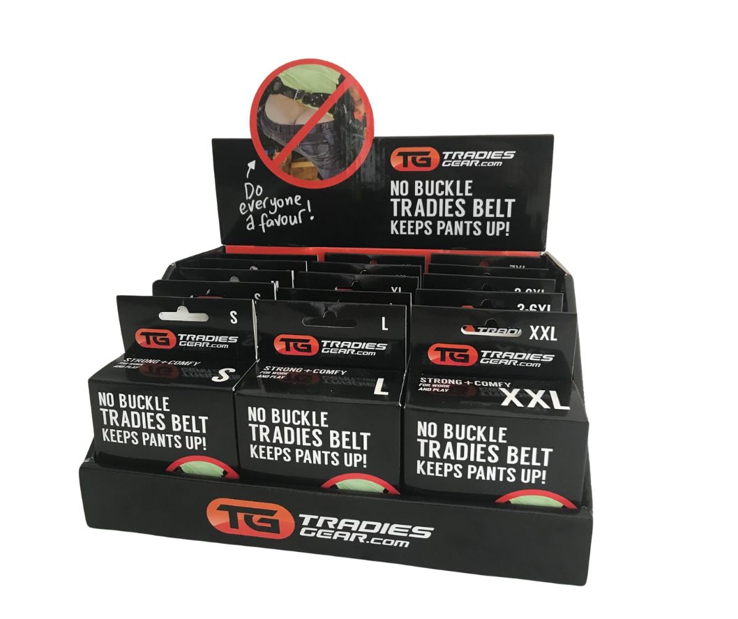 Wholesale display box of Tradies Gear no-buckle elastic belts in assorted sizes from S to 7XL+, designed to keep pants up securely and comfortably. Ideal for counter or shelf display
