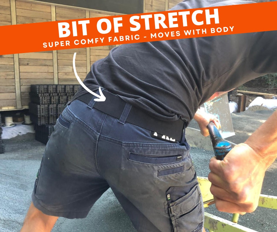 Tradie bending and working while wearing Tradies Gear No-Buckle Belt – elastic with stretch fit moves with the body for all-day comfort