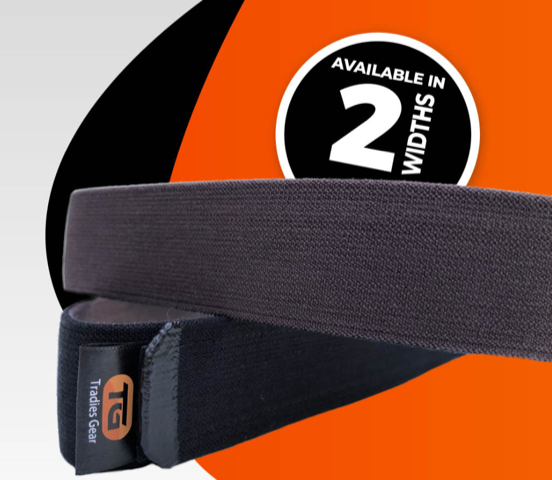 Promotional image of two Tradies Gear No-Buckle Belts showing availability in two different widths