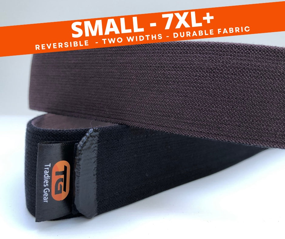 Tradies Gear No-Buckle Belt shown in black and brown – available in sizes Small to 7XL+, reversible with two widths and durable stretch fabric