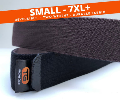 Tradies Gear No-Buckle Belt shown in black and brown – available in sizes Small to 7XL+, reversible with two widths and durable stretch fabric